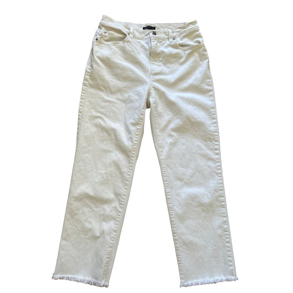 Eileen Fisher Cream White Straight Leg Ankle Crop Raw Fringe Hem Jeans